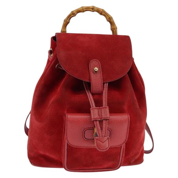 GUCCI Bamboo Backpack Suede Leather Red Gold 003 8030 Auth gh770 main image 4